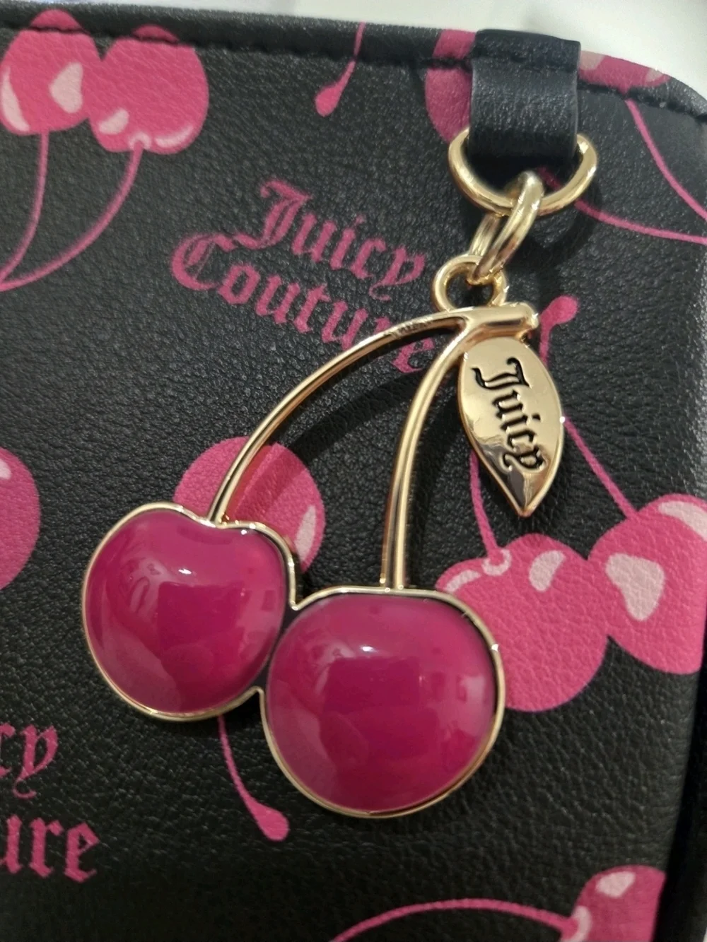 Juicy Couture Black & Pink Cherry Print Wristlet Bag NWT